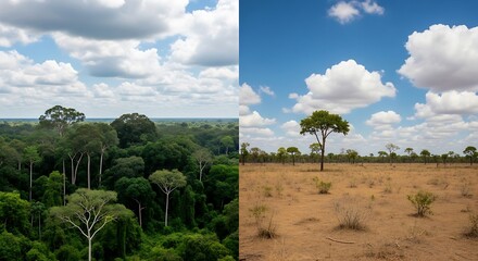 Juxtaposition of lush rainforest canopy against arid savanna landscape under bright skies