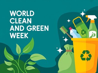 World clean and green week with eco friendly cleaning supplies and recycling bin