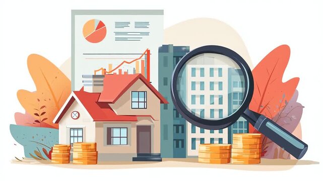 Illustration of a house and cityscape with a magnifying glass, stacks of coins, and financial charts in a colorful, flat design with a professional and analytical mood.