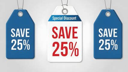 Save 25% Special Discount Price Tags in Blue and White with Red Text Hanging Labels
