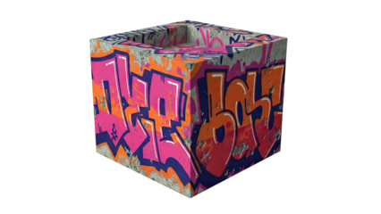 Graffiti-covered concrete cube with open top