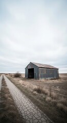 Weathered metal storage building sits beside a cracked dirt pathway across an open plain.