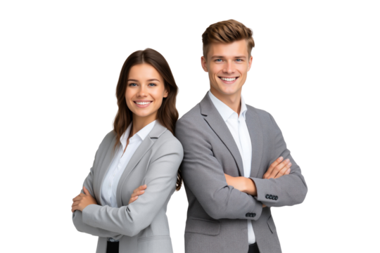 Successful business team, businesswoman and businessman smiling together isolated on transparent background - Powered by Adobe