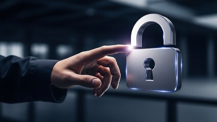 hand interacting a hand pointing to a silver padlock with a glowing light on a dark background