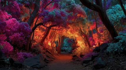 Neon light tunnels formed through dense foliage, glowing pathway, surreal neon forest corridor, illuminated natural canopy, fantasy nature trail, vibrant light art