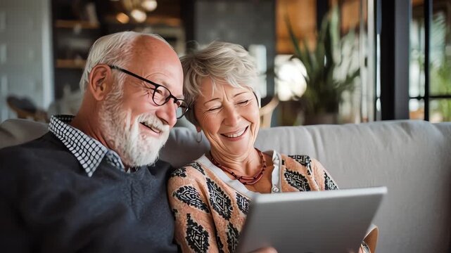 Smiling senior couple sitting on a couch, looking at a tablet together in a cozy living room with warm tones.