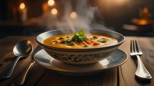 A warm and inviting bowl of steaming vegetable soup rests on a rustic wooden table.