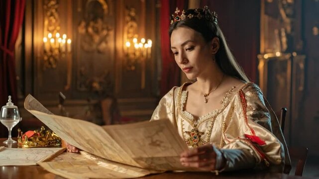 Royal woman studying ancient map in opulent historical setting