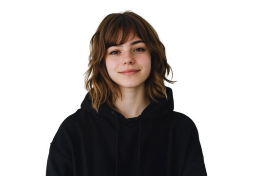 Portrait of a smiling young woman with short brown hair and bangs, wearing a black hoodie isolated on transparent background - Powered by Adobe