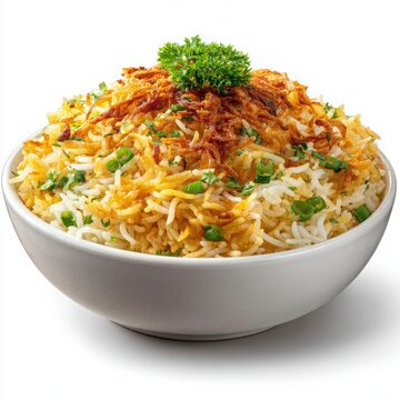 Fluffy Rice Bowl with Crispy Onions and Fresh Green Herbs Garnish