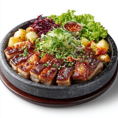 Deliciously Grilled Meat with Fresh Vegetables on a Stone Plate