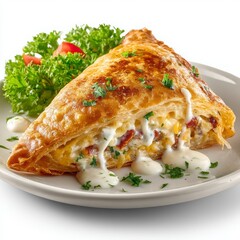 Golden Pastry with Creamy Filling and Fresh Vegetables on Plate