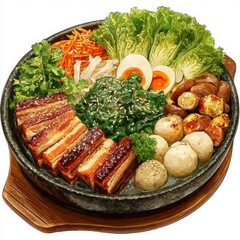 Vibrant Korean Cuisine Dish with Fresh Ingredients and Meat Arrangements