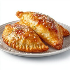 Flaky Golden Pastries with Sesame Seeds on a White Plate