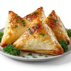 Golden Brown Pastries with Fresh Parsley Garnish on a White Plate