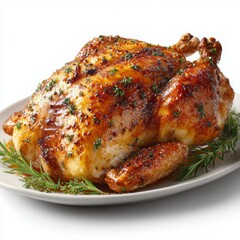 Golden Brown Roasted Chicken Garnished with Fresh Herbs on Plate