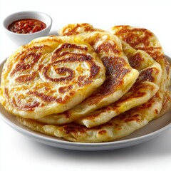 Delicious flaky flatbread served with spicy dipping sauce