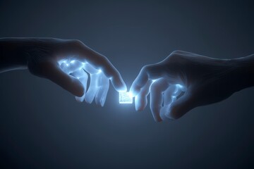 Two Hands Reaching for a Glowing Cube in Dark Background