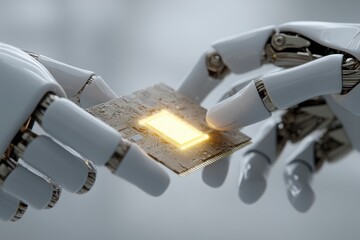 Robotic Hands Exchanging Circuit Board in Futuristic Setting
