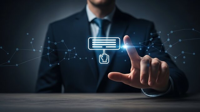 hand interacting Businessman in suit interacting with digital interface on table  modern technology and communication concept - Powered by Adobe