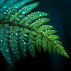 Vibrant Green Fern Leaf with Water Droplets in Natural Light