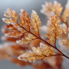 Frosty Orange Leaves Glimmering in Winter Light on a Cold Morning