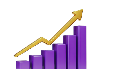 Golden arrow indicating growth over purple bar chart
