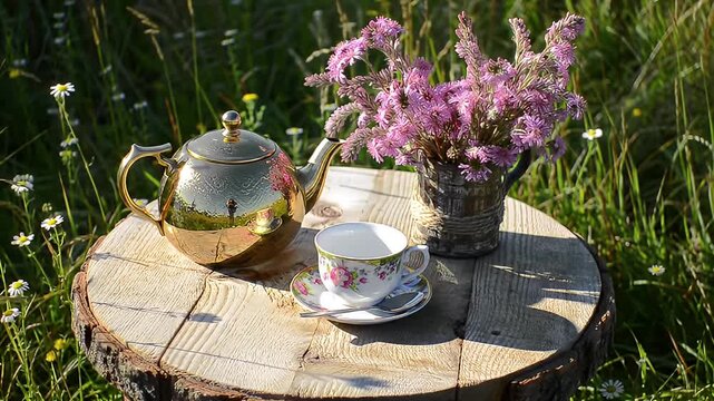 Golden Teapot and Floral Tea Cup Set on Rustic Wood Slice in Sunny Meadow with Pink Heather Flowers and Wild Daisies