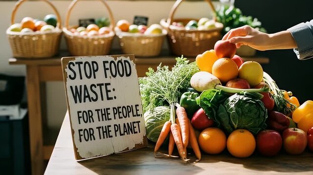 Abundant Fresh Produce Pile with Stop Food Waste Sign Promoting Sustainability and Healthy Eating