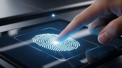 hand interacting Finger touching fingerprint scanner on a digital device screen for secure biometric authentication and identification