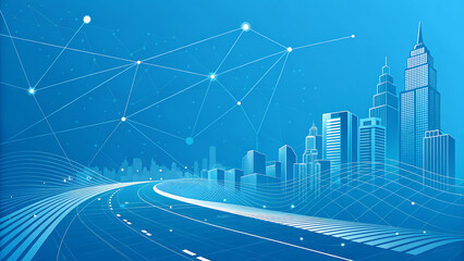 Futuristic Cityscape with Digital Network Overlay, Data Visualization, Future Technology