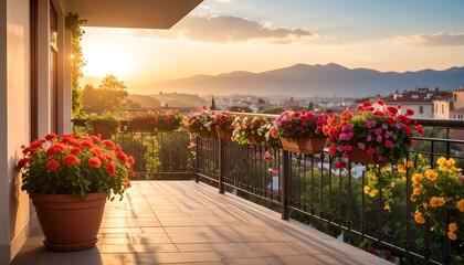 Beautiful Balcony Overlooking a Scenic Mountain Landscape at Sunset.