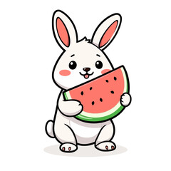 Obraz premium Cartoon white rabbit holding watermelon slice