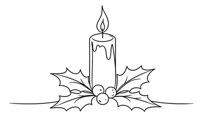 Fototapeta premium Hand drawn line art illustration of a burning candle depicting it surrounded by holly for Christmas