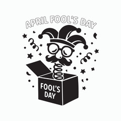 April Fool&rsquo;s Day cartoon illustration with jester in surprise box, funny celebration vector design
