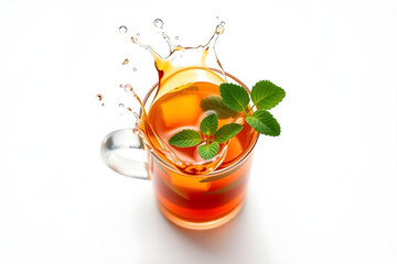 Refreshing iced tea splashing with fresh mint