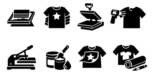 Glyph t-shirt printing icon set featuring screen printing equipment and garment decoration processes for apparel design businesses