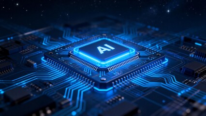 AI chip on circuit board with glowing lines