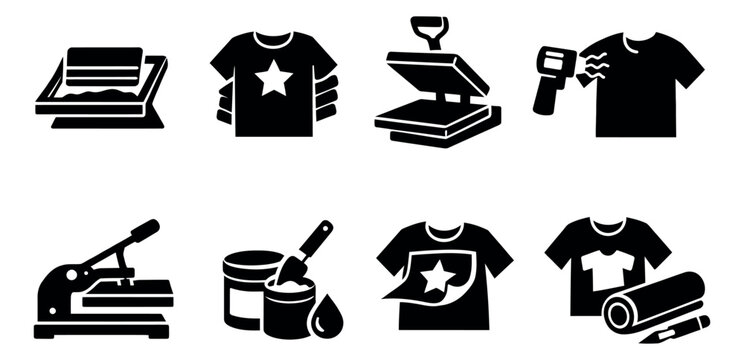 Glyph t-shirt printing icon set featuring screen printing equipment and garment decoration processes for apparel design businesses