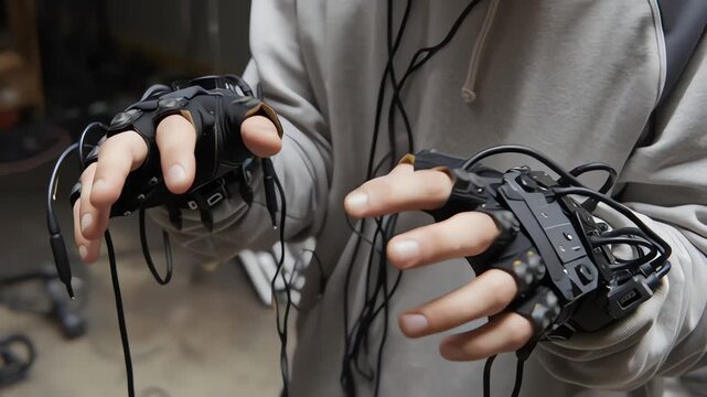 Close-up of a person's hands wearing black fingerless gloves with wires and sensors for gesture control or virtual reality in a casual setting.