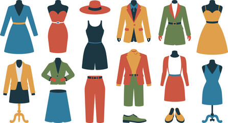 Stylized Outfits Dresses, Jackets, Skirts, Pants, and Shoes in a Colorful Fashion Illustration