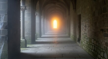 Ancient stone cloister hallway stretches toward a brightly illuminated archway at the far end