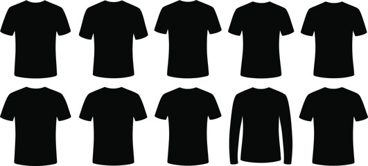 Ten Black Tshirts Short Sleeve and Long Sleeve Apparel, Flat Lay Style