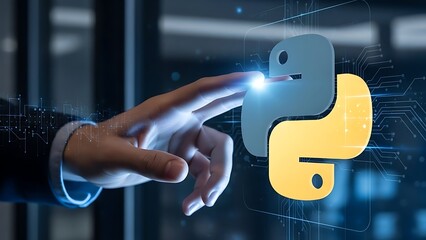 hand interacting Hand interacting with glowing Python logo in futuristic interface  technology concept