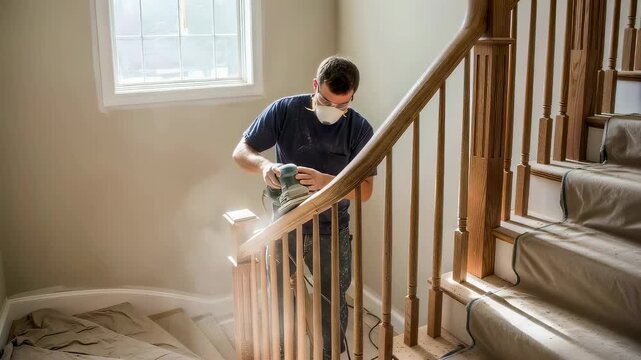 Man contractor sanding wooden banister and railing during home renovation for building maintenance