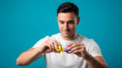 A man in a white t-shirt playing with colorful rubber ducks