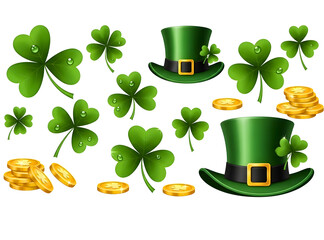 St. patrick's day elements pattern featuring shamrocks, leprechaun hats, and coins isolated on transparent background