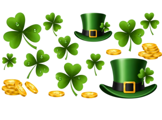 St. patrick's day elements pattern featuring shamrocks, leprechaun hats, and coins isolated on transparent background