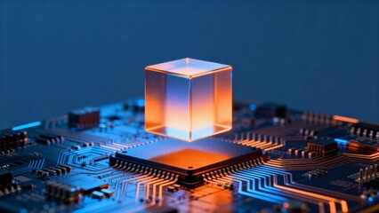 Microchip with glowing cube