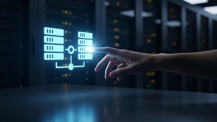 hand interacting hand interacting with glowing server network diagram in data center  futuristic technology concept